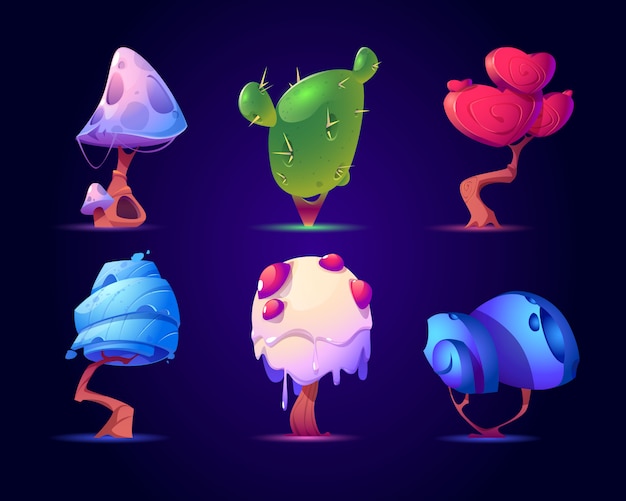 Free vector fantasy mushrooms or alien trees set. magic nature