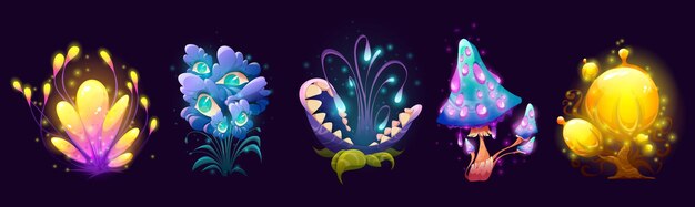 Fantasy mushrooms flowers and trees alien planet or magic game plants isolated set Unusual nature elements fairy tale or extraterrestrial strange flora or fauna assets Cartoon vector illustration
