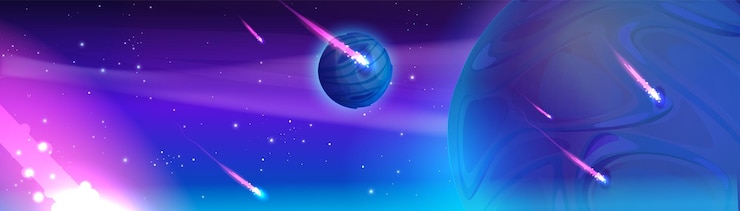 無料Vector エイリアンの惑星と流れ星を持つファンタジー宇宙の背景ネオンの光の尾で飛んでいる美しい青い宇宙銀河彗星のベクトル漫画のイラスト魔法の冒険ゲームの背景