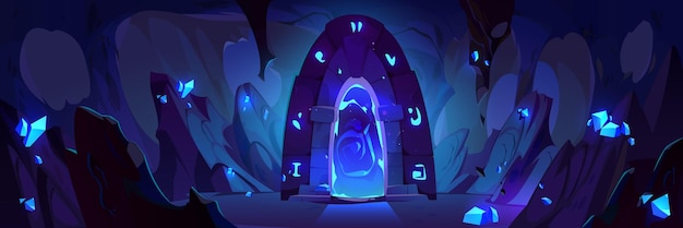 Фэнтезийный портал в другой мир или игровой уровень в темной пещере с каменными стенами и светящимися кристаллами драгоценных камней. Мультяшная векторная волшебная дверь или вход в другое измерение в скалистой подземной пещере или подземелье.