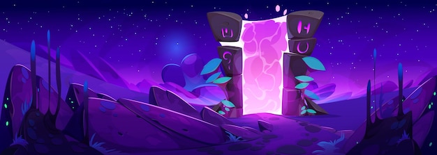 Free vector fantasy portal entrance to parallel reality another dimension or level in game cartoon vector dream landscape with magical door made of stone glows pink from inside alien or wizard unreal world