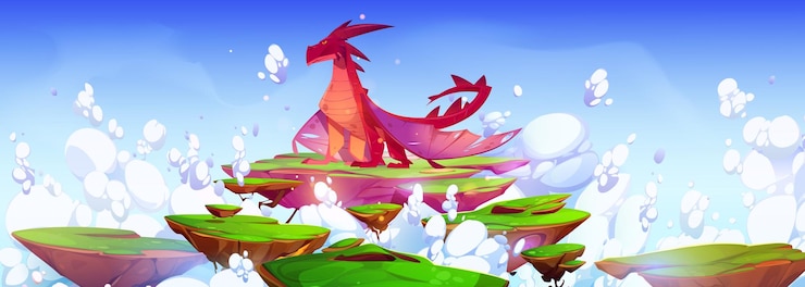 Free Vector fantasy red dragon on floating islands