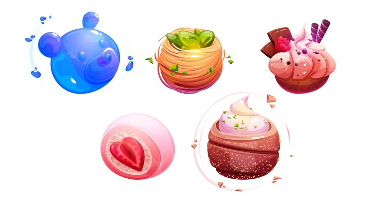 Free Vector fantasy space planets in form of sweet desserts cartoon game assets of candy and bakery spheres with jelly and chocolate sugary childish galaxy world elements confectionery and pastries ball