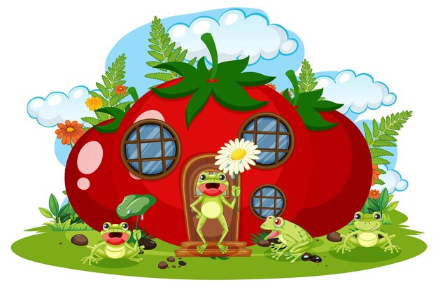 Fantasy tomato house with cartoon frogs