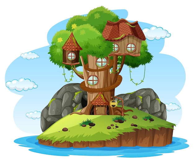 Бесплатное векторное изображение Фэнтезийный дом на дереве внутри ствола дерева на белом фоне