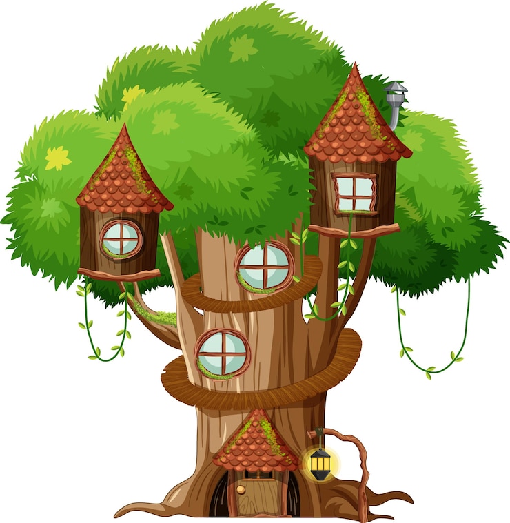 Free Vector fantasy tree house inside tree trunk on white background