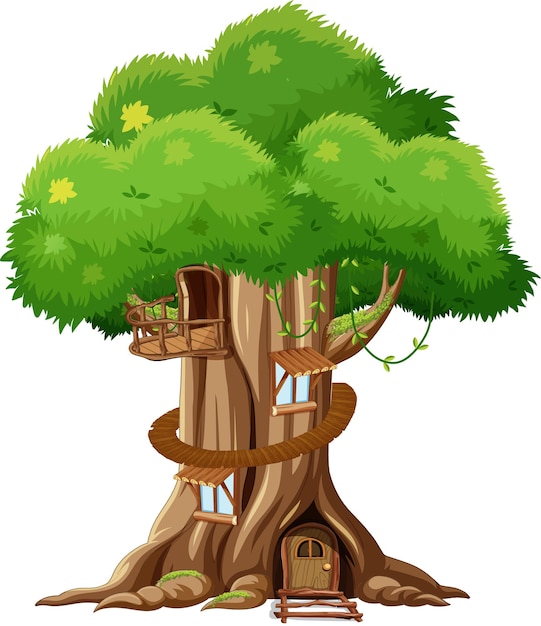 Free vector fantasy tree house inside tree trunk on white background