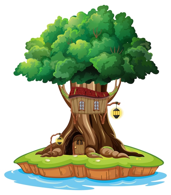 Fantasy tree house inside tree trunk on white background