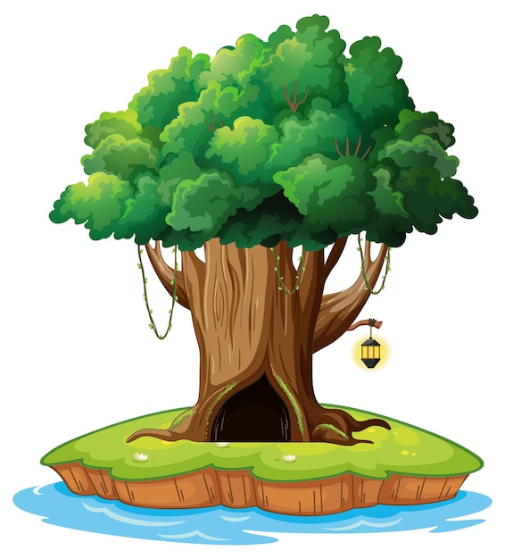 Free vector fantasy tree house inside tree trunk on white background