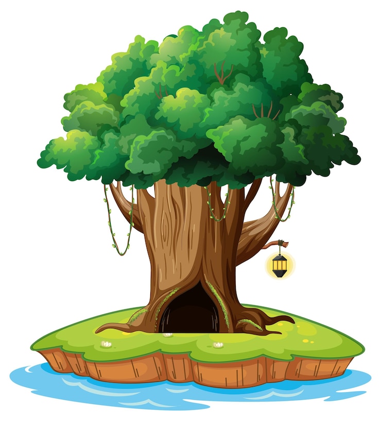Free Vector fantasy tree house inside tree trunk on white background