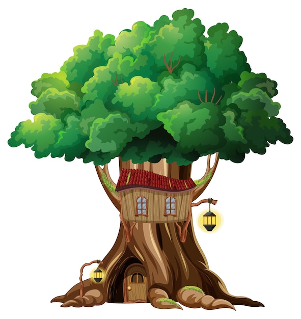 Fantasy tree house inside tree trunk on white background