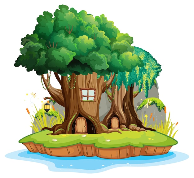 Free vector fantasy tree house inside tree trunk on white background