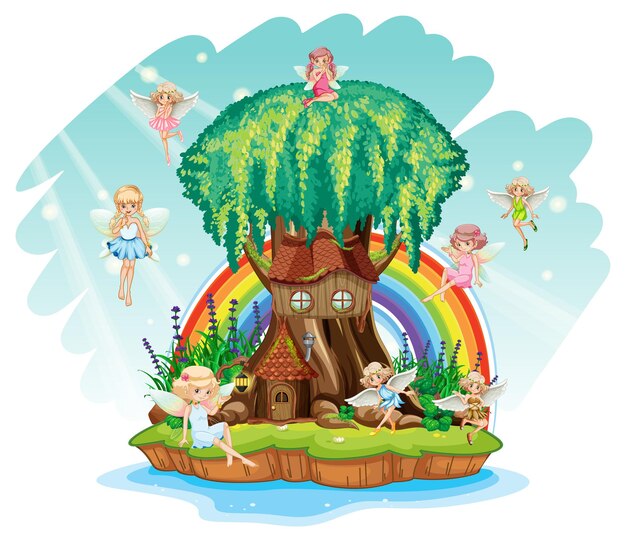 Фэнтезийный дом на дереве внутри ствола дерева с феями и радугой