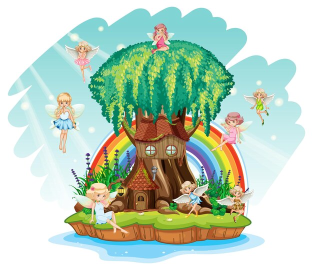 Fantasy tree house inside tree trunk with fairies and rainbow