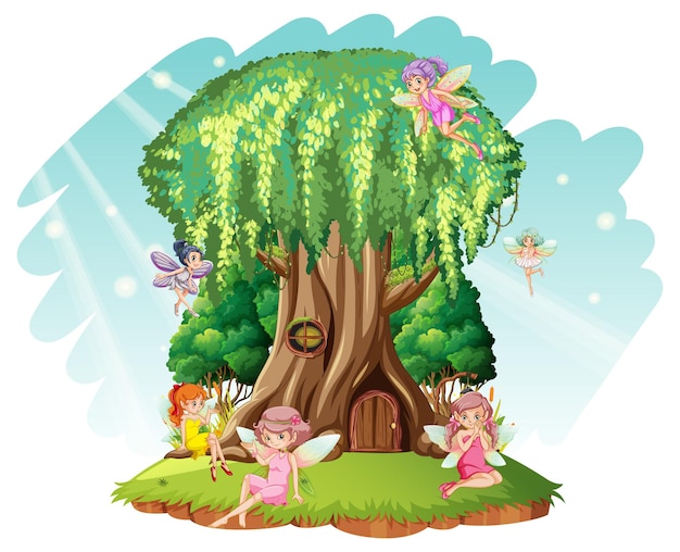 Fantasy tree house inside tree trunk with fairies