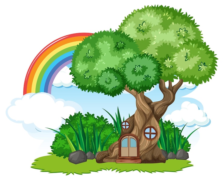 Free Vector fantasy tree house with rainbow in the sky
