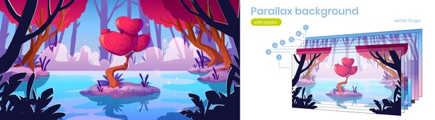 Fantasy tree with hearts shape crown in forest pond. Vector parallax background for 2d game with cartoon landscape with magic red mushroom, unusual romantic tree