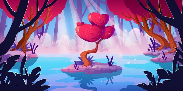 Fantasy tree with hearts shape crown in forest swamp. Vector cartoon landscape with magic red mushroom, unusual romantic tree. Fairy tale game background with love concept