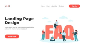 faq landing page. tiny users near giant letters asking questions and getting answers, instructions for problem solution landing page