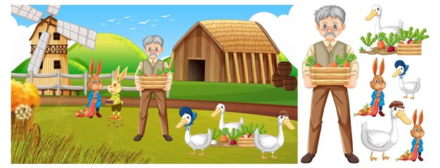 Farm animal character set isolated with farm scene