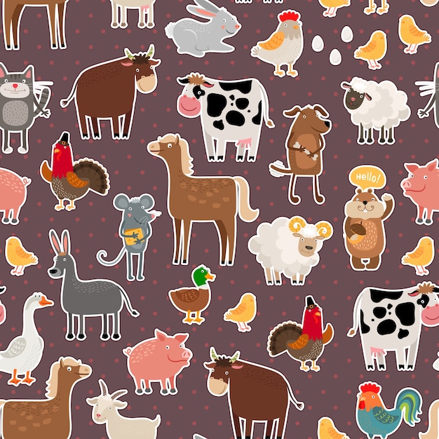 Farm animal and pets stickers pattern. Cow and sheep, pig and horse