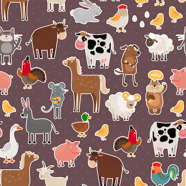 농장 동물과 애완 동물 스티커 패턴. 암소와 양, 돼지와 말