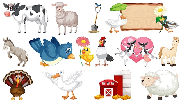 Farm animals and barn