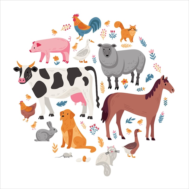 Бесплатное векторное изображение Сельскохозяйственные животные птицы и домашние животные кружат плоскую композицию с векторной иллюстрацией коровьей свиньи, лошади, гуся, мыши, кошки, овцы, утки