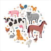 Vettore gratuito animali da fattoria uccelli e animali domestici cerchio composizione piatta con mucca maiale cavallo oca topo gatto pecora anatra illustrazione vettoriale