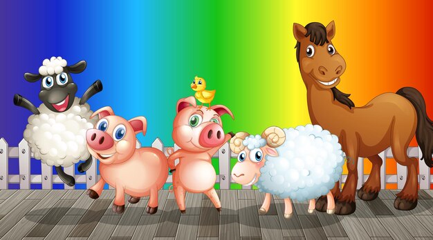 Farm animals cartoon character on rainbow gradient background