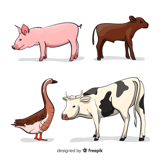 Коллекция сельскохозяйственных животных в стиле рисованной