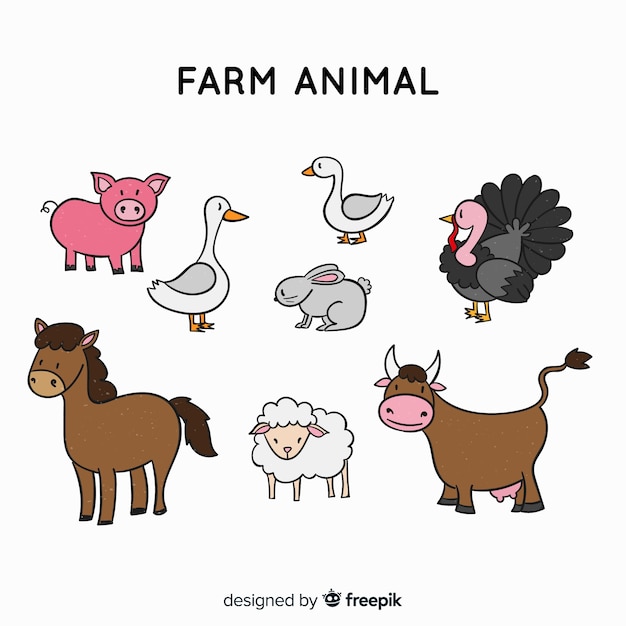 Free vector farm animals collection in hand drawn style