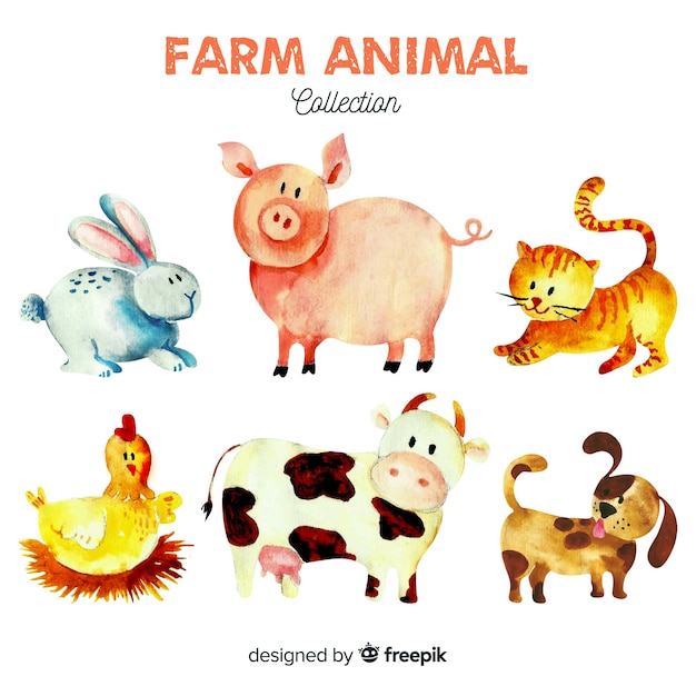 Free vector farm animals collection in watercolor style