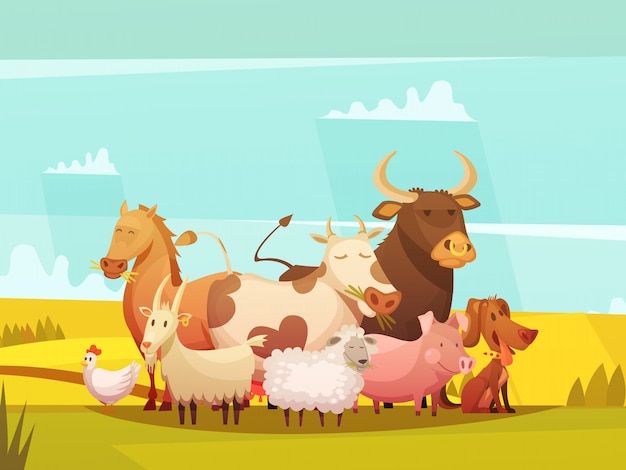 Free vector farm animals in countryside cartoon poster