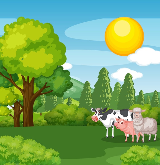 Free vector farm animals in grass field and blue sky scene