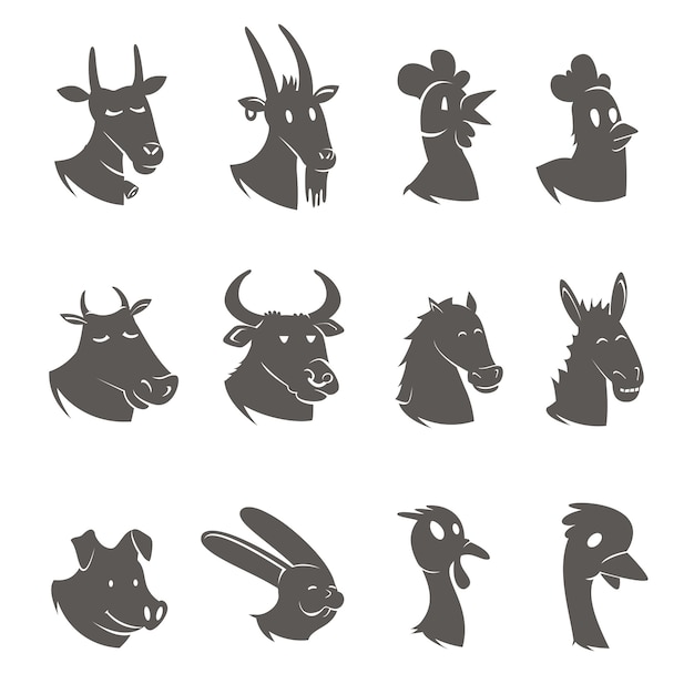 Farm animals heads black icons set