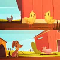 Free vector farm animals for kids 2 horizontal cartoon style banners with doghouse for guard dog isolated