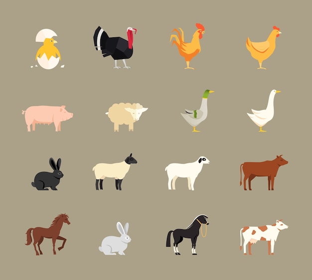 Farm animals set in flat vector style