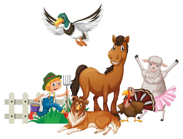 Farm animals on white background