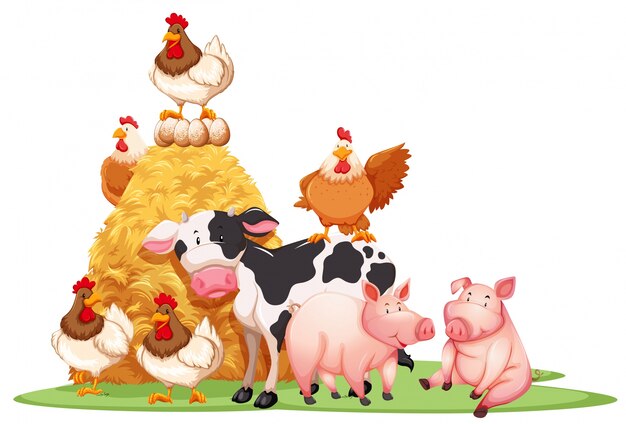 Farm animals with haystack illustration