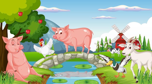 Free vector farm background with happy animals