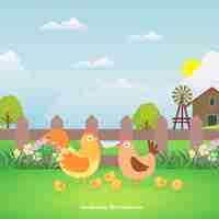 Free vector farm background with nice chickens