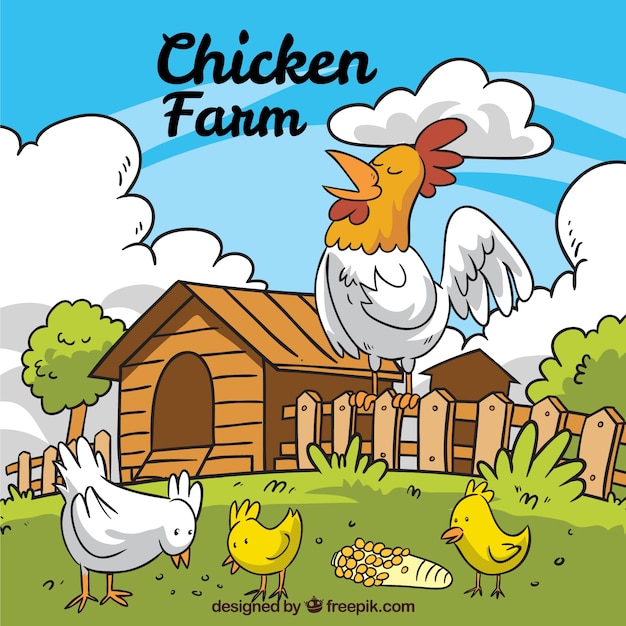 鶏と雛のある農場の背景