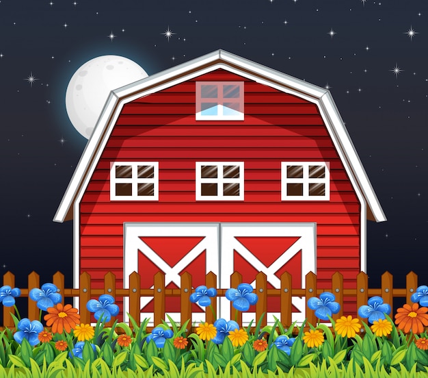 Free vector farm barn and flowers at night scene