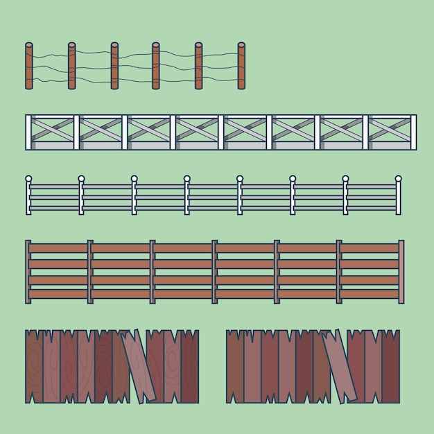 Farm countryside fence fencing element architecture building set. Linear stroke outline    icons.
