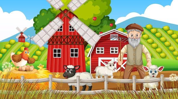 Farm at daytime scene with old farmer man and farm animals