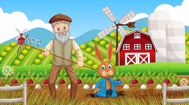 Free vector farm at daytime scene with old farmer man and farm animals