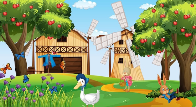 Farm at daytime scene with rabbit and duck cartoon character