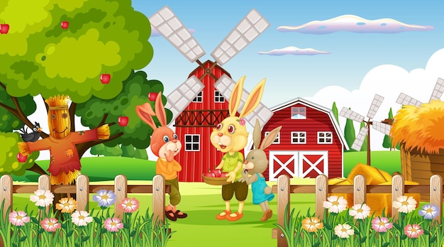 Farm at daytime scene with rabbit family