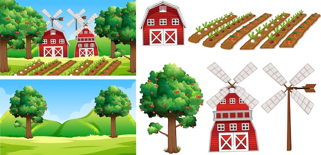 Free vector farm element set isolated with farm scence